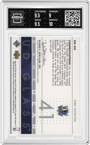 Dirk Nowitzki from the 2002-03 UD Glass set graded by Arena Club and given an overall grade of 9.5.