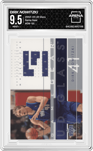 Dirk Nowitzki from the 2002-03 UD Glass set graded by Arena Club and given an overall grade of 9.5.