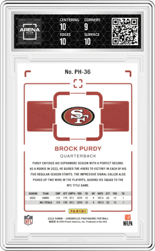 Brock Purdy from the 2022 Panini Chronicles set featuring a Bronze parallel graded by Arena Club and given an overall grade of 9.5.