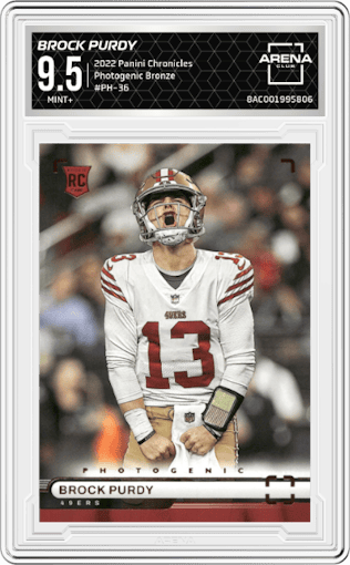 Brock Purdy from the 2022 Panini Chronicles set featuring a Bronze parallel graded by Arena Club and given an overall grade of 9.5.