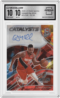 CJ McCollum from the 2020-21 Panini Spectra set featuring a Astral parallel graded by Arena Club and given an overall grade of 10.