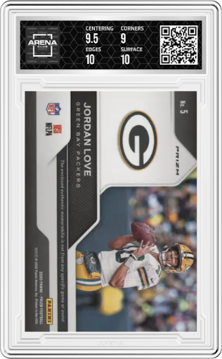 Jordan Love from the 2020 Panini Prizm set featuring a Pink Prizm parallel graded by Arena Club and given an overall grade of 9.5.