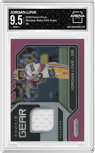 Jordan Love from the 2020 Panini Prizm set featuring a Pink Prizm parallel graded by Arena Club and given an overall grade of 9.5.