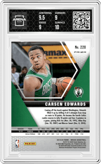 Carsen Edwards from the 2019-20 Panini Mosaic  set featuring a Genesis parallel graded by Arena Club and given an overall grade of 9.5.
