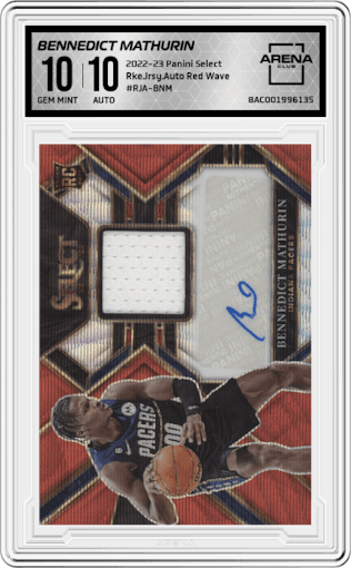 Bennedict Mathurin from the 2022-23 Panini Select set featuring a Red Wave parallel graded by Arena Club and given an overall grade of 10.