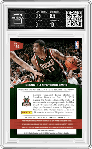 Giannis Antetokounmpo from the 2013-14 Panini set graded by Arena Club and given an overall grade of 9.
