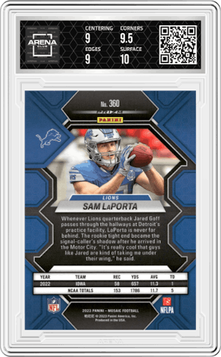 Sam LaPorta from the 2023 Panini Mosaic set featuring a  Genesis parallel graded by Arena Club and given an overall grade of 9.5.