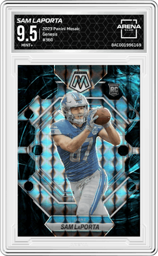Sam LaPorta from the 2023 Panini Mosaic set featuring a  Genesis parallel graded by Arena Club and given an overall grade of 9.5.