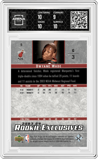 Dwyane Wade from the 2003-04 Upper Deck Rookie Exclusives set graded by Arena Club and given an overall grade of 9.5.