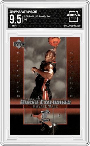 Dwyane Wade from the 2003-04 Upper Deck Rookie Exclusives set graded by Arena Club and given an overall grade of 9.5.