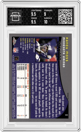 Randy Moss from the 2001 Topps Chrome set featuring a Refractor parallel graded by Arena Club and given an overall grade of 9.5.