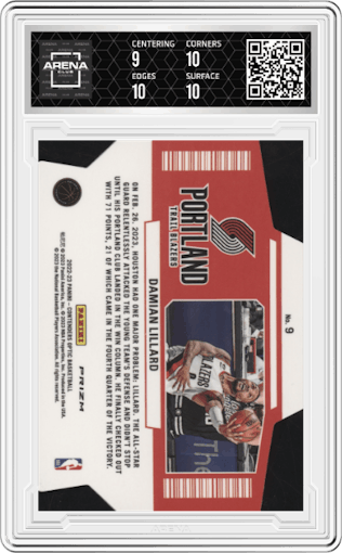 Damian Lillard from the 2022-23 Panini Contenders Optic set graded by Arena Club and given an overall grade of 9.5.