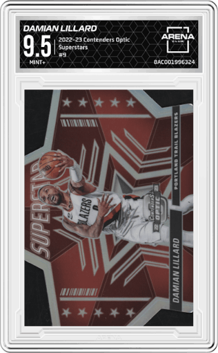 Damian Lillard from the 2022-23 Panini Contenders Optic set graded by Arena Club and given an overall grade of 9.5.