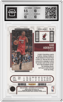 Bam Adebayo from the 2022-23 Panini Contenders Optic set featuring a Red parallel graded by Arena Club and given an overall grade of 10.