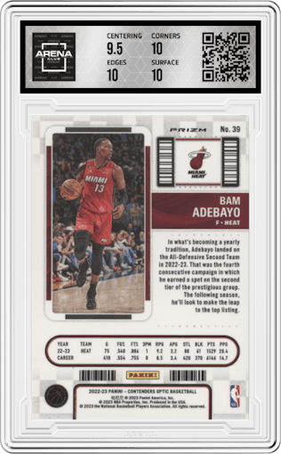 Bam Adebayo from the 2022-23 Panini Contenders Optic set featuring a Red parallel graded by Arena Club and given an overall grade of 10.