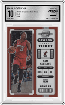 Bam Adebayo from the 2022-23 Panini Contenders Optic set featuring a Red parallel graded by Arena Club and given an overall grade of 10.