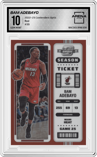 Bam Adebayo from the 2022-23 Panini Contenders Optic set featuring a Red parallel graded by Arena Club and given an overall grade of 10.