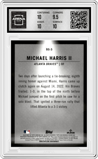 Michael Harris II from the 2023 Bowman  set graded by Arena Club and given an overall grade of 10.