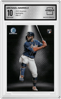 Michael Harris II from the 2023 Bowman  set graded by Arena Club and given an overall grade of 10.
