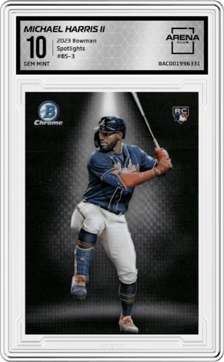 Michael Harris II from the 2023 Bowman  set graded by Arena Club and given an overall grade of 10.