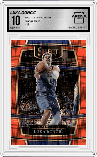 Luka Doncic from the 2021-22 Panini Select set featuring a Orange Flash parallel graded by Arena Club and given an overall grade of 10.