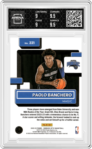 Paolo Banchero from the 2022-23 Panini Donruss Optic  set graded by Arena Club and given an overall grade of 9.5.