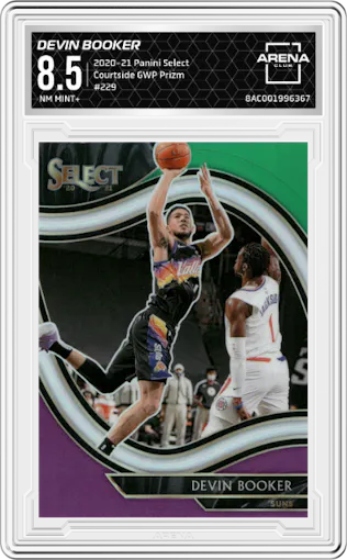 Devin Booker from the 2020-21 Panini Select  set featuring a Green/White/Purple Prizm parallel graded by Arena Club and given an overall grade of 8.5.