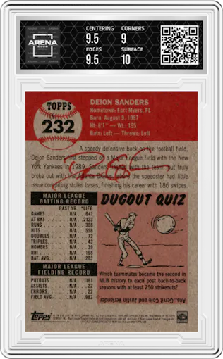 Deion Sanders from the Ultimate Topps Living Set   set graded by Arena Club and given an overall grade of 9.5.