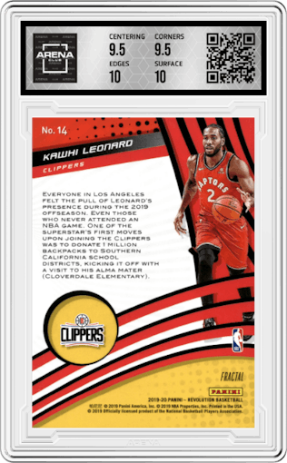 Kawhi Leonard from the 2019-20 Panini Revolution set featuring a Fractal parallel graded by Arena Club and given an overall grade of 10.