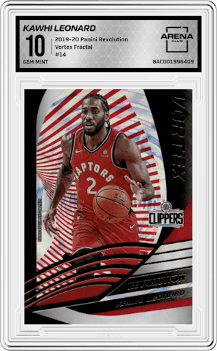Kawhi Leonard from the 2019-20 Panini Revolution set featuring a Fractal parallel graded by Arena Club and given an overall grade of 10.