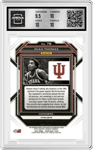 Isiah Thomas from the 2023-24 Panini Prizm Draft Picks set featuring a Green Pulsar Prizm parallel graded by Arena Club and given an overall grade of 10.