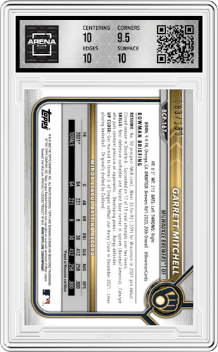 Garrett Mitchell from the 2022 Bowman Chrome set featuring a Purple Shimmer Refractor parallel graded by Arena Club and given an overall grade of 10.