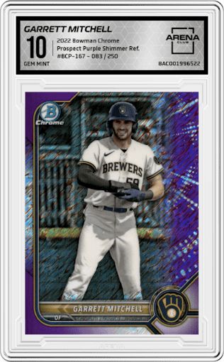 Garrett Mitchell from the 2022 Bowman Chrome set featuring a Purple Shimmer Refractor parallel graded by Arena Club and given an overall grade of 10.