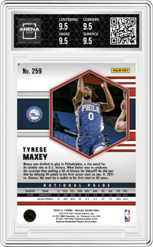 Tyrese Maxey from the 2020-21 Panini Mosaic set featuring a Mosaic parallel graded by Arena Club and given an overall grade of 9.5.