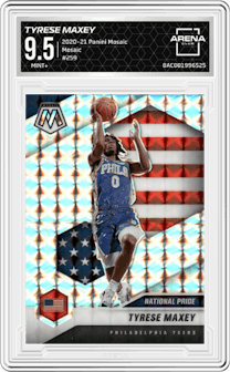 Tyrese Maxey from the 2020-21 Panini Mosaic set featuring a Mosaic parallel graded by Arena Club and given an overall grade of 9.5.
