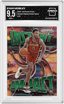 Evan Mobley  from the 2021-22 Panini Prizm  set featuring a Green Wave parallel graded by Arena Club and given an overall grade of 9.5.