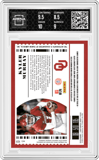 Kyler Murray from the 2019 Panini Contenders Draft Picks set featuring a Diamond Ticket parallel graded by Arena Club and given an overall grade of 9.