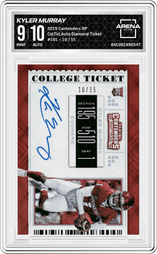 Kyler Murray from the 2019 Panini Contenders Draft Picks set featuring a Diamond Ticket parallel graded by Arena Club and given an overall grade of 9.
