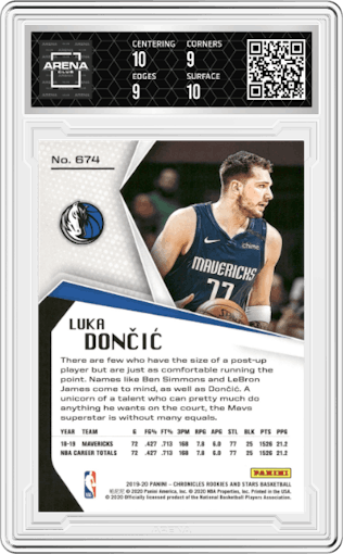 Luka Doncic from the 2019-20 Panini Chronicles  set featuring a Blue parallel graded by Arena Club and given an overall grade of 9.5.