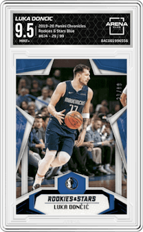 Luka Doncic from the 2019-20 Panini Chronicles  set featuring a Blue parallel graded by Arena Club and given an overall grade of 9.5.