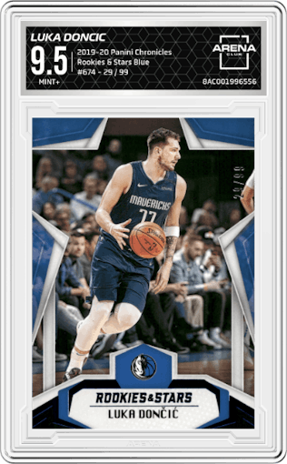 Luka Doncic from the 2019-20 Panini Chronicles  set featuring a Blue parallel graded by Arena Club and given an overall grade of 9.5.
