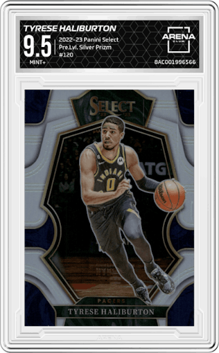 Tyrese Haliburton from the 2022-23 Panini Select set featuring a Silver Prizm parallel graded by Arena Club and given an overall grade of 9.5.