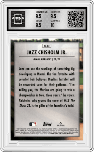 Jazz Chisholm Jr. from the 2023 Topps Update set graded by Arena Club and given an overall grade of 10.