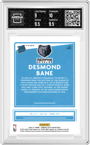 Desmond Bane from the 2020-21 Panini Donruss Optic set featuring a Holo parallel graded by Arena Club and given an overall grade of 9.5.