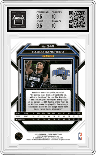 Paolo Banchero from the 2022-23 Panini Prizm  set graded by Arena Club and given an overall grade of 10.