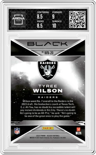 Tyree Wilson from the 2023 Panini Black set graded by Arena Club and given an overall grade of 9.