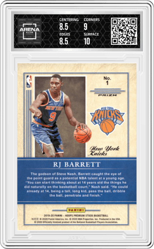 RJ Barrett from the 2019-20 Panini Hoops Premium Stock set featuring a Purple parallel graded by Arena Club and given an overall grade of 9.