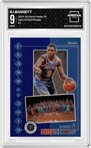 RJ Barrett from the 2019-20 Panini Hoops Premium Stock set featuring a Purple parallel graded by Arena Club and given an overall grade of 9.