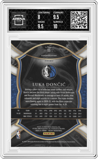 Luka Doncic from the 2020-21 Panini Select  set featuring a Blue Prizm parallel graded by Arena Club and given an overall grade of 8.5.