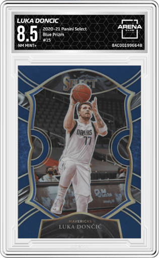 Luka Doncic from the 2020-21 Panini Select  set featuring a Blue Prizm parallel graded by Arena Club and given an overall grade of 8.5.